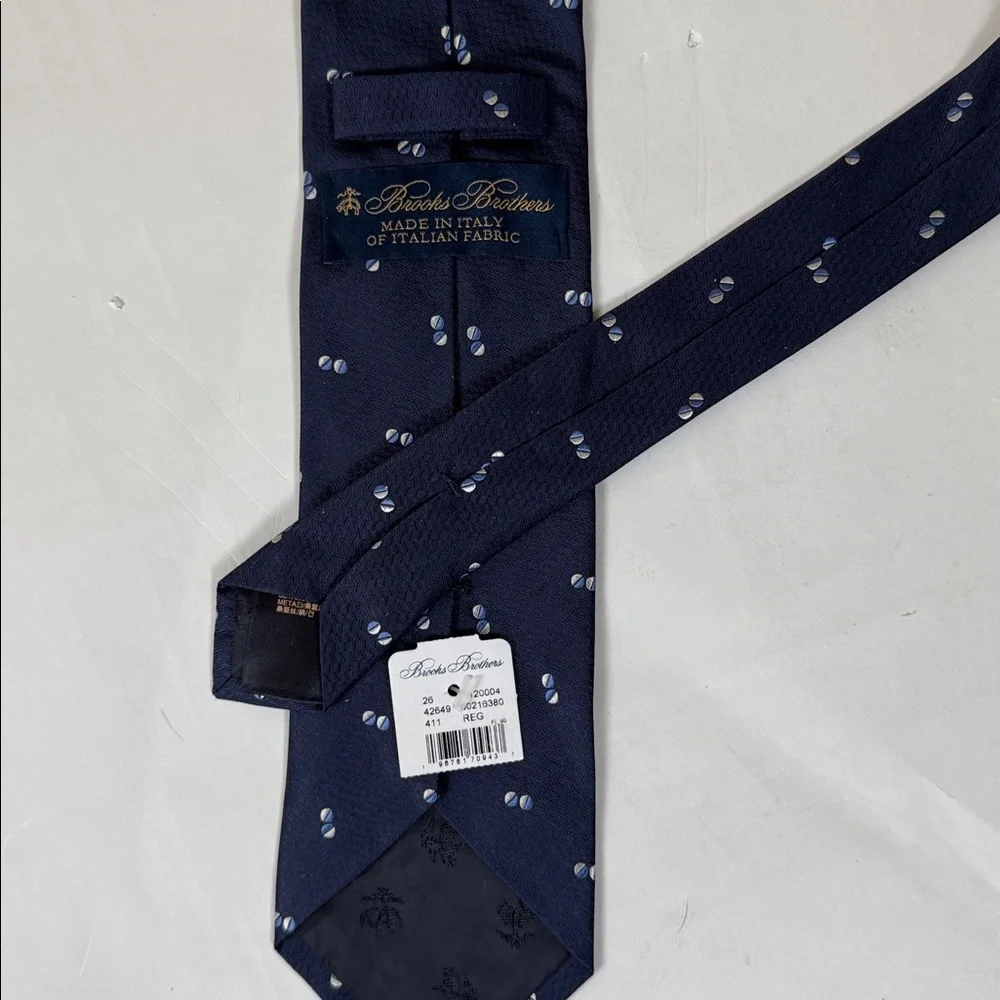 Brooks Brothers Navy Necktie with Design 100% Silk Tie with Balls